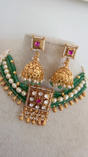 Traditiona lKundan Polki choker with jhumka /Rajwadi finish green Choker Necklace /Temple jewelry/Indian jewelry/Indian Wedding jewelry
