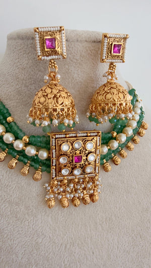 Traditiona lKundan Polki choker with jhumka /Rajwadi finish green Choker Necklace /Temple jewelry/Indian jewelry/Indian Wedding jewelry