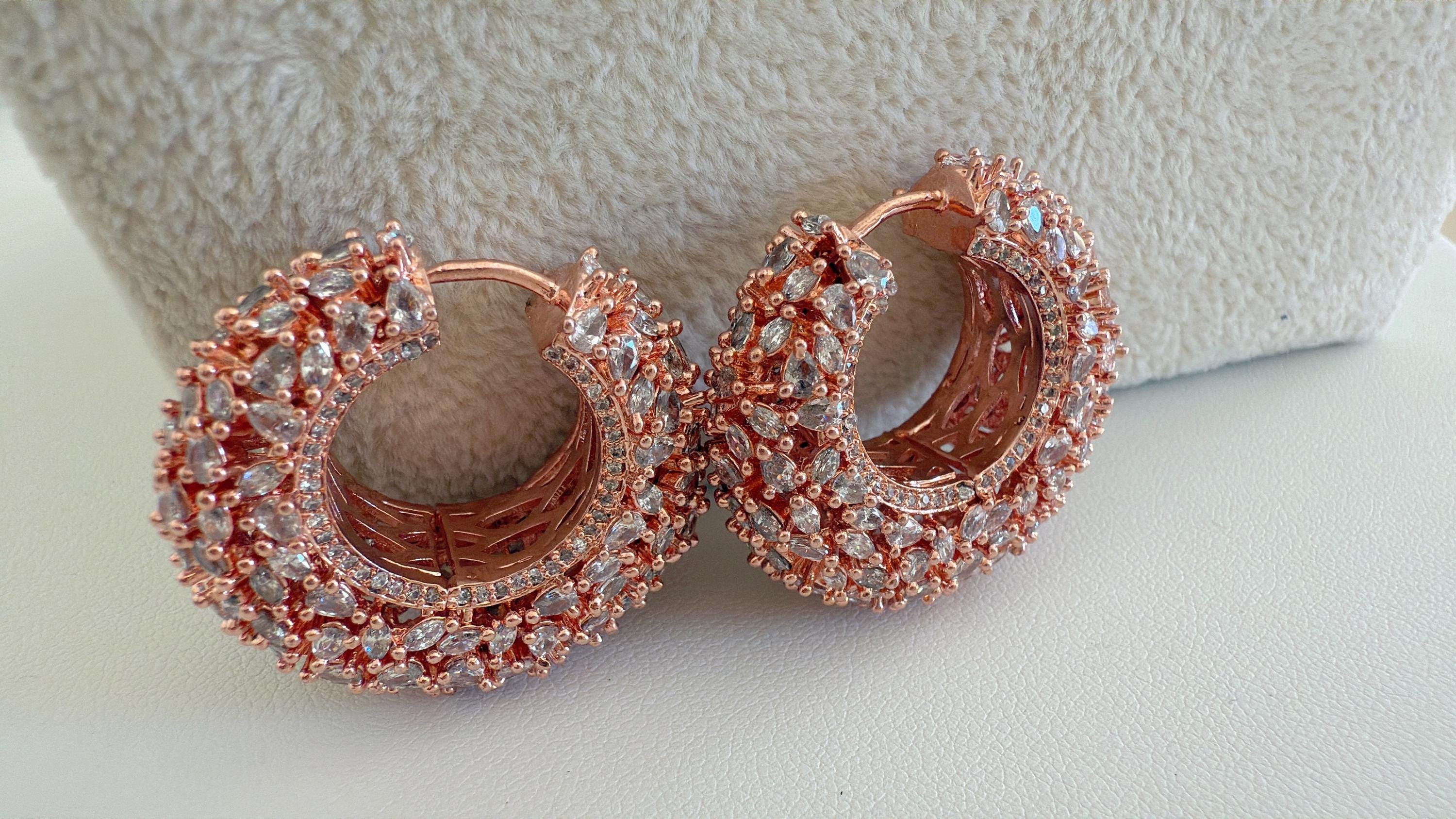 Rose Gold Diamond Big Huggie Hoop Earrings/Diamond hoops/ Diamond earrings/Indian jewelry/Diamond Hoop Earrings/Diamond huggie earrings