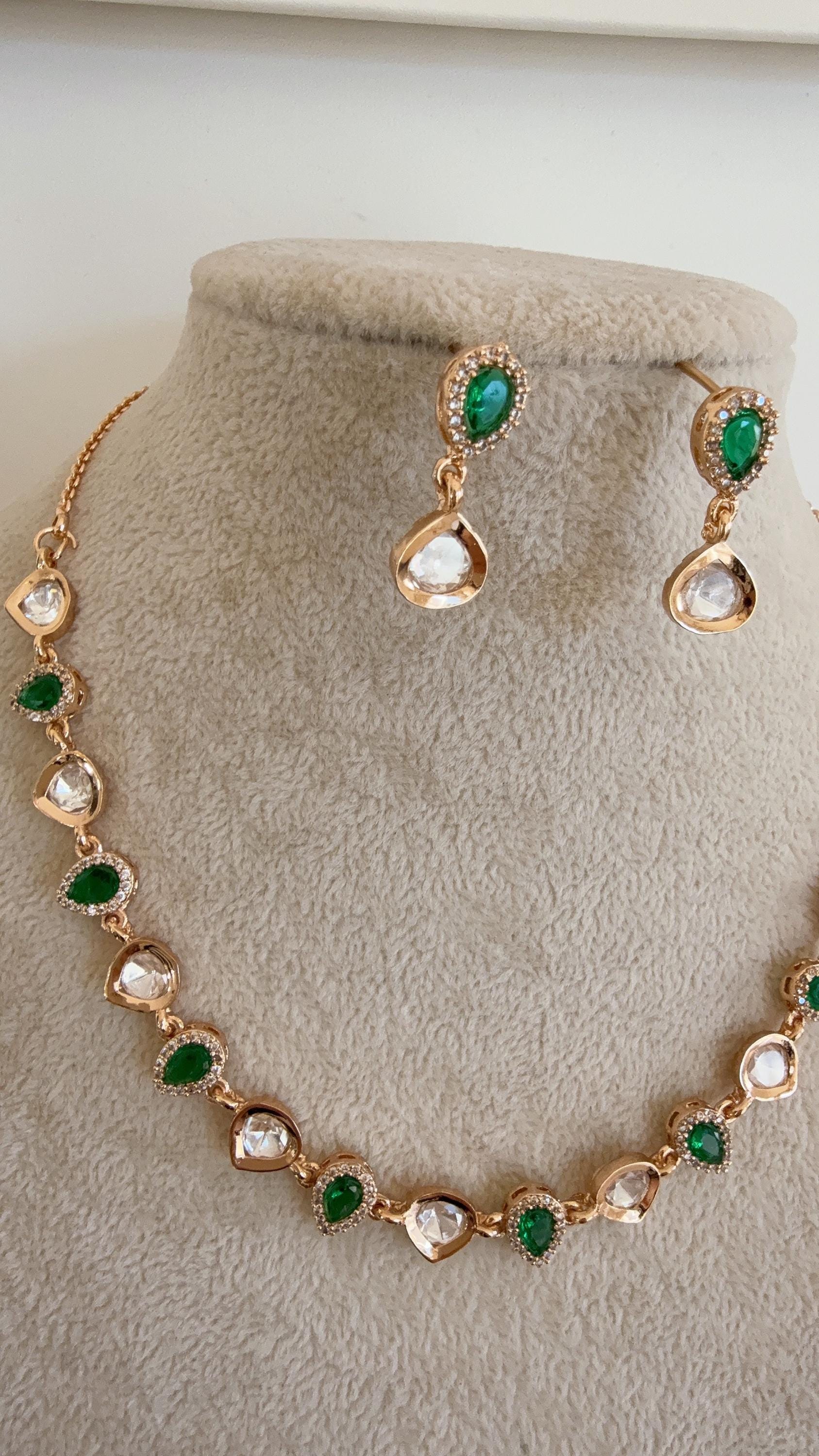 Green Emerald Petite size Kundan Jewelry Moissanite necklace /Necklace Moissanite chain /Indian Bridal Jewelry/Diamond Necklace Gift for Her