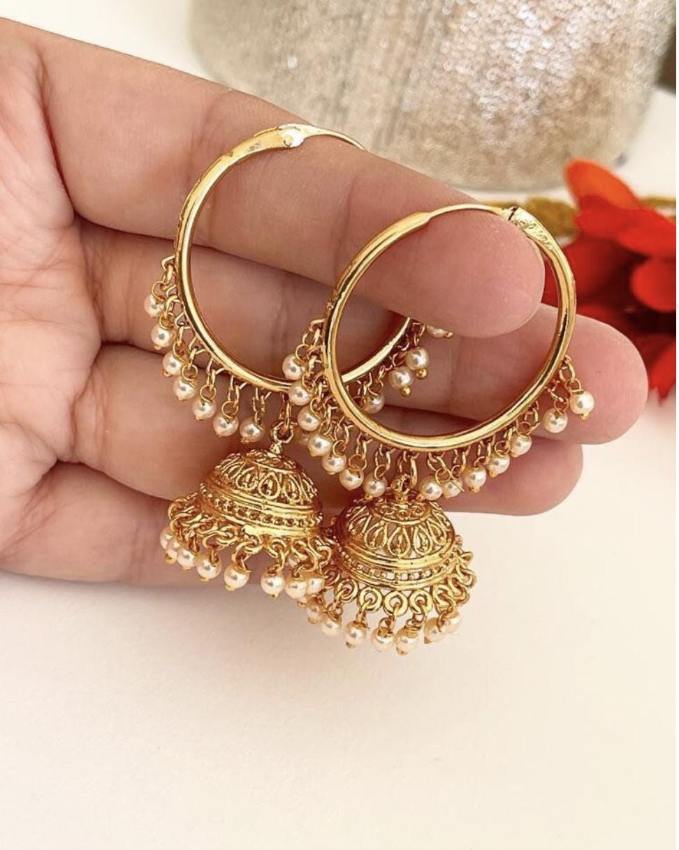 Gold plated bali hoops Earrings/ Punjabi Bali Hoops /Indian Earrings/ Indian Wedding Sangeet Jewelry / Kundan Jhumka //Bridesmaid Jewelry