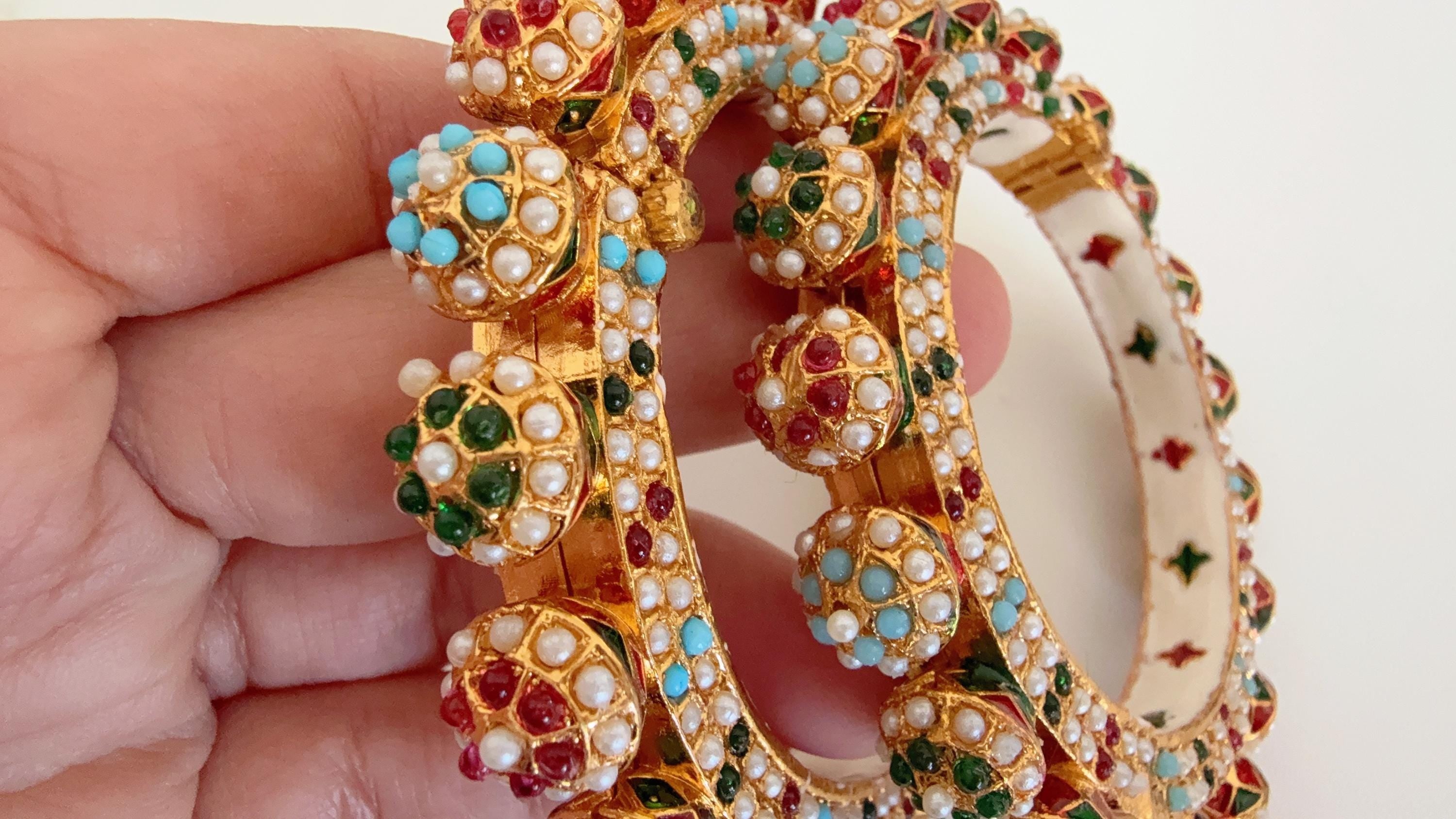 Multi pearls Rajwadi Kada / Gold Pearl Kada/ Emerald Rajwadi Kada /Indian Wedding jewelry/ Kundan bridal bangles/Rajwadi Jadau Kada