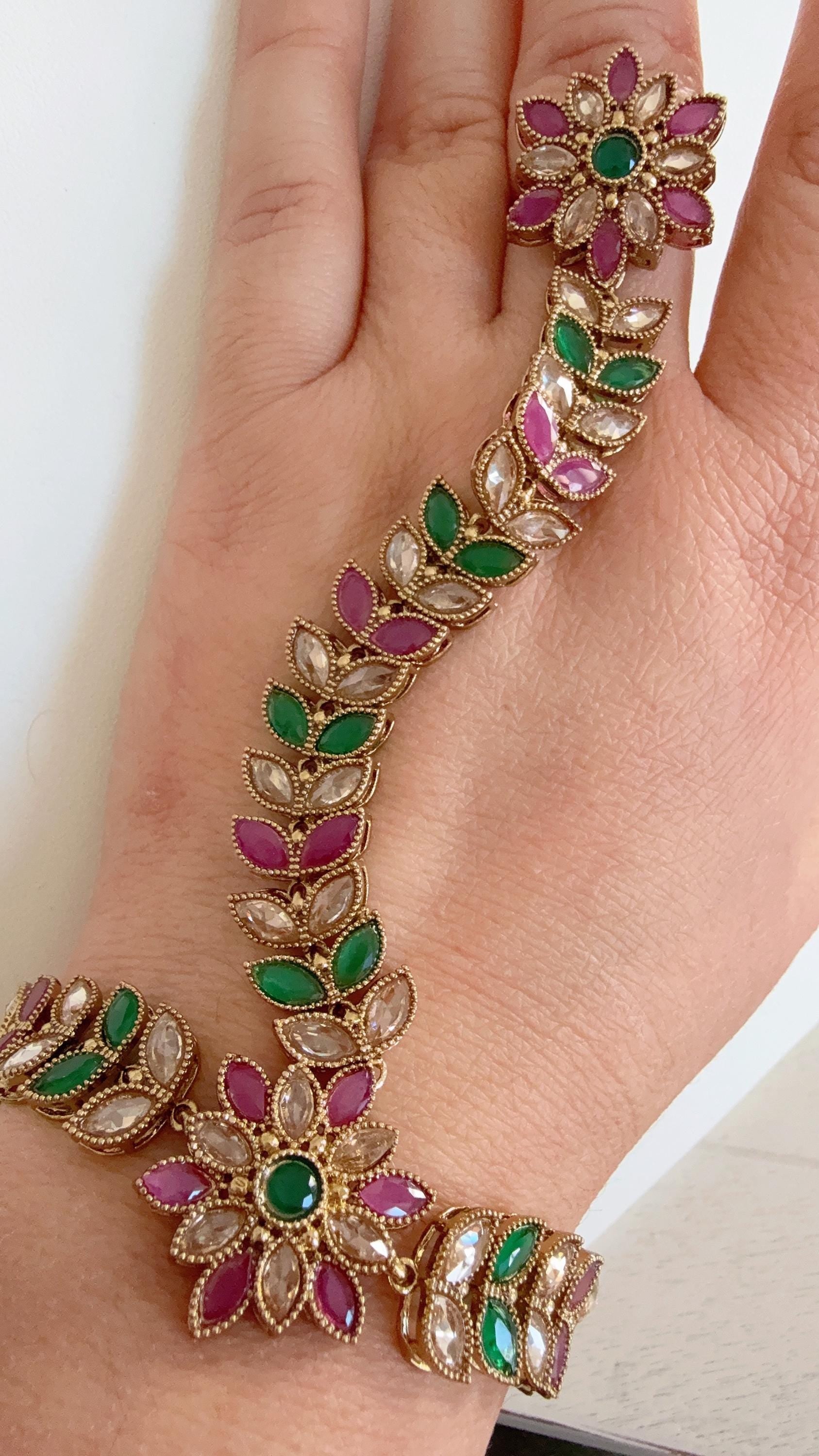 Ruby Green Polki Pearl Kundan Hath Paan single /hand harness/Indian Jewelry/Hand Jewelry/Haath phool/Hand Chain Bracelet for Her