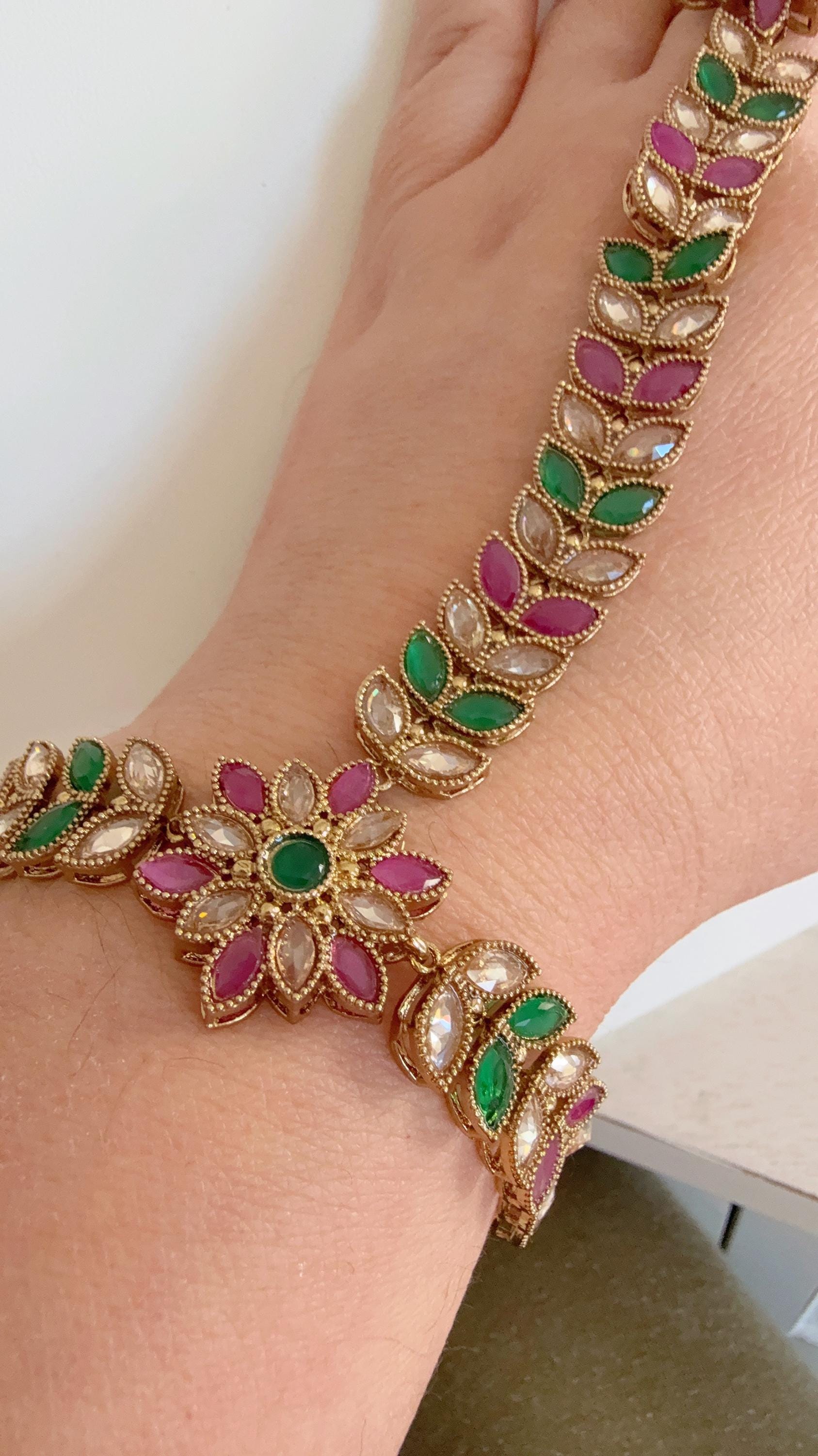 Ruby Green Polki Pearl Kundan Hath Paan single /hand harness/Indian Jewelry/Hand Jewelry/Haath phool/Hand Chain Bracelet for Her