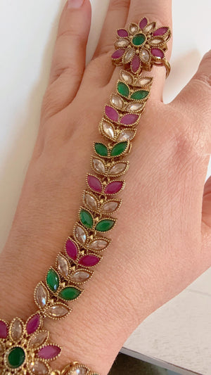 Ruby Green Polki Pearl Kundan Hath Paan single /hand harness/Indian Jewelry/Hand Jewelry/Haath phool/Hand Chain Bracelet for Her
