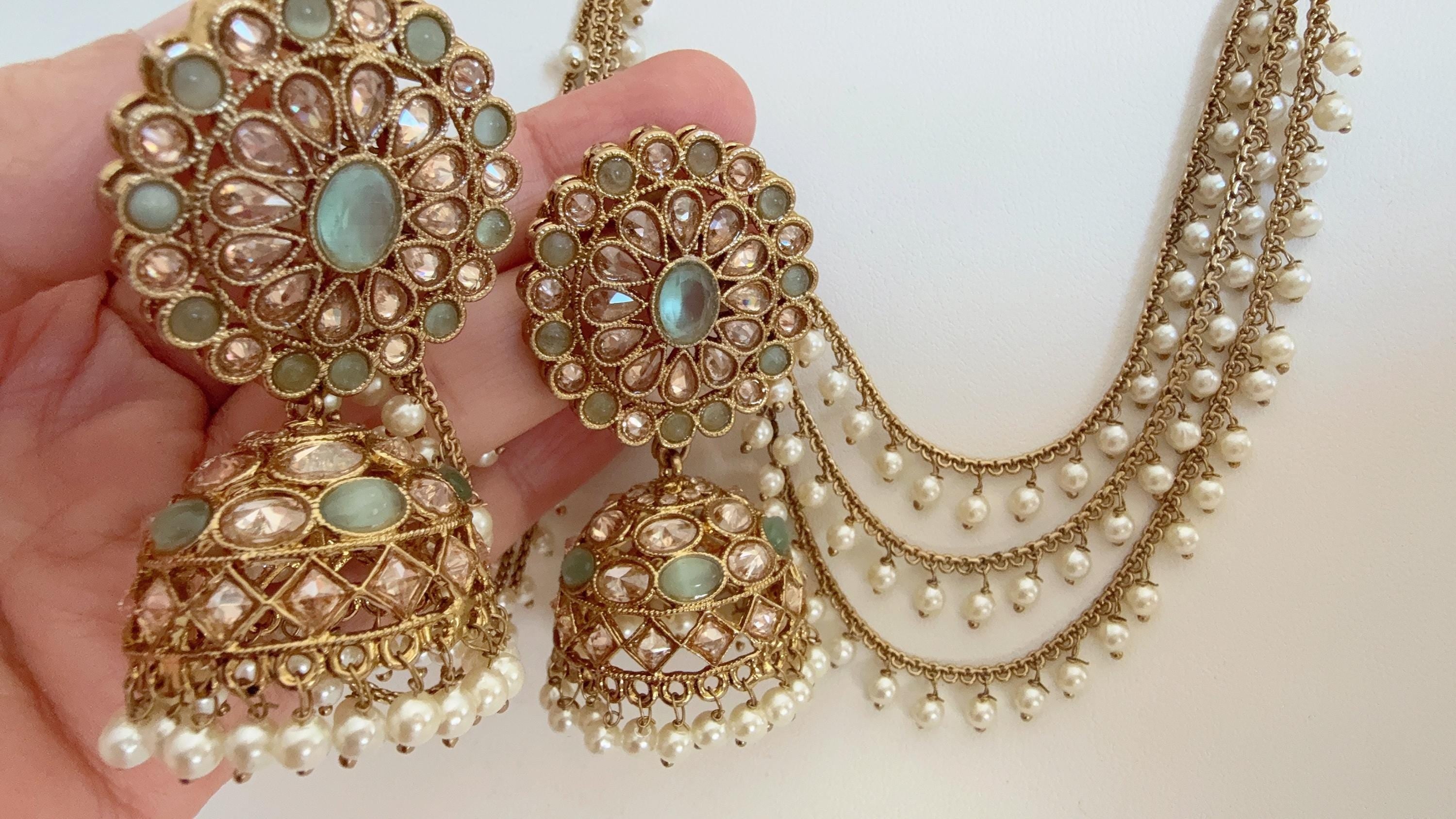 Antique polki Kundan bahubali Mint Earrings Set With detachable Earchain Sahare /Mint Jhumka Polki Earrings / Indian Jewelry