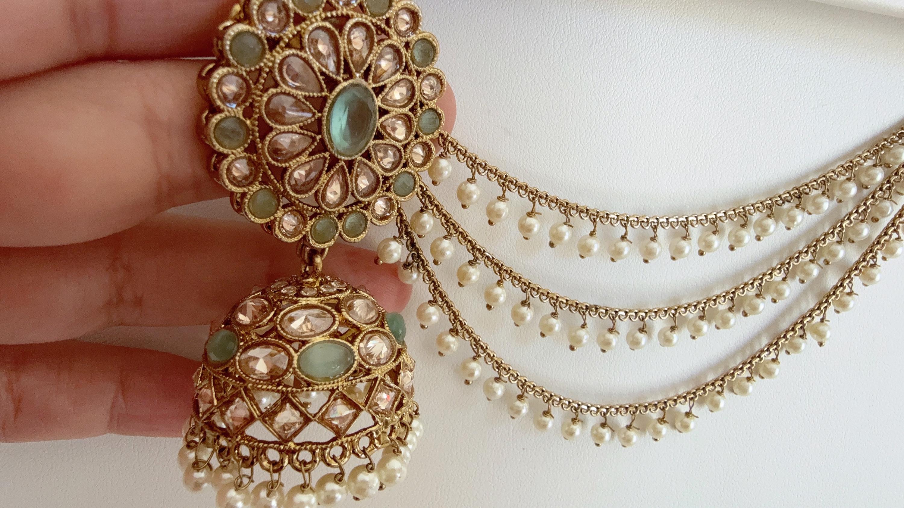 Antique polki Kundan bahubali Mint Earrings Set With detachable Earchain Sahare /Mint Jhumka Polki Earrings / Indian Jewelry