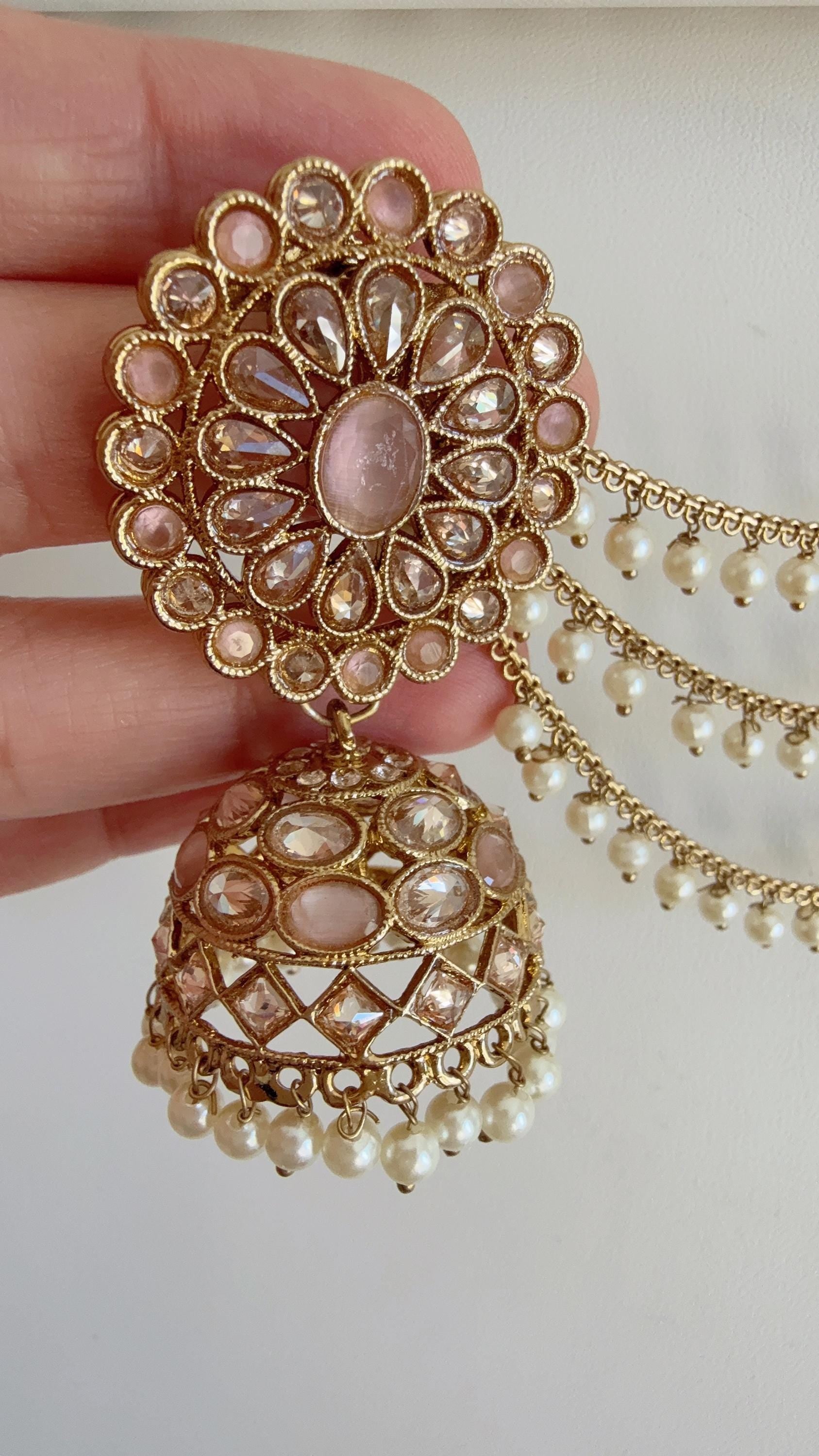 Antique polki Kundan bahubali Baby pink Earrings Set With detachable Earchain Sahare /baby pink Jhumka Polki Earrings / Indian Jewelry