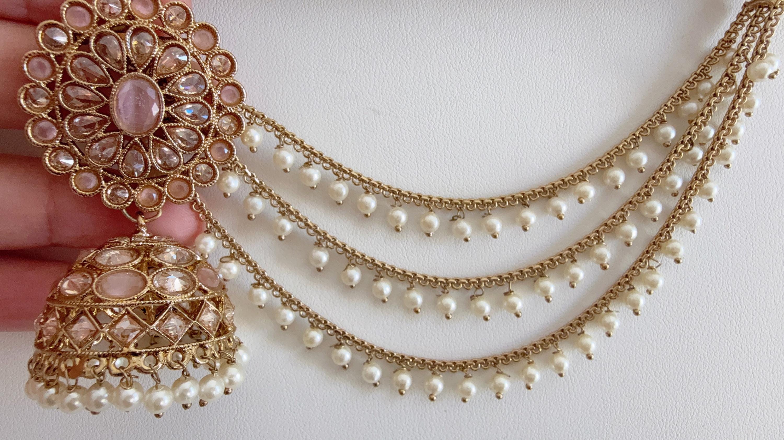 Antique polki Kundan bahubali Baby pink Earrings Set With detachable Earchain Sahare /baby pink Jhumka Polki Earrings / Indian Jewelry