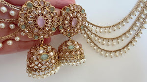 Antique polki Kundan bahubali Mint pink Earrings Set With detachable Earchain Sahare /Mint Pink Jhumka Polki Earrings / Indian Jewelry