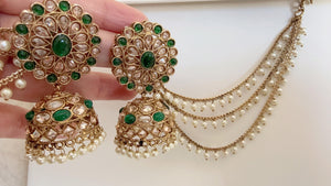 Antique polki Kundan bahubali Green Earrings Set With detachable Earchain Sahare / Green Jhumka Polki Earrings / Indian Jewelry