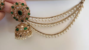 Antique polki Kundan bahubali Green Earrings Set With detachable Earchain Sahare / Green Jhumka Polki Earrings / Indian Jewelry