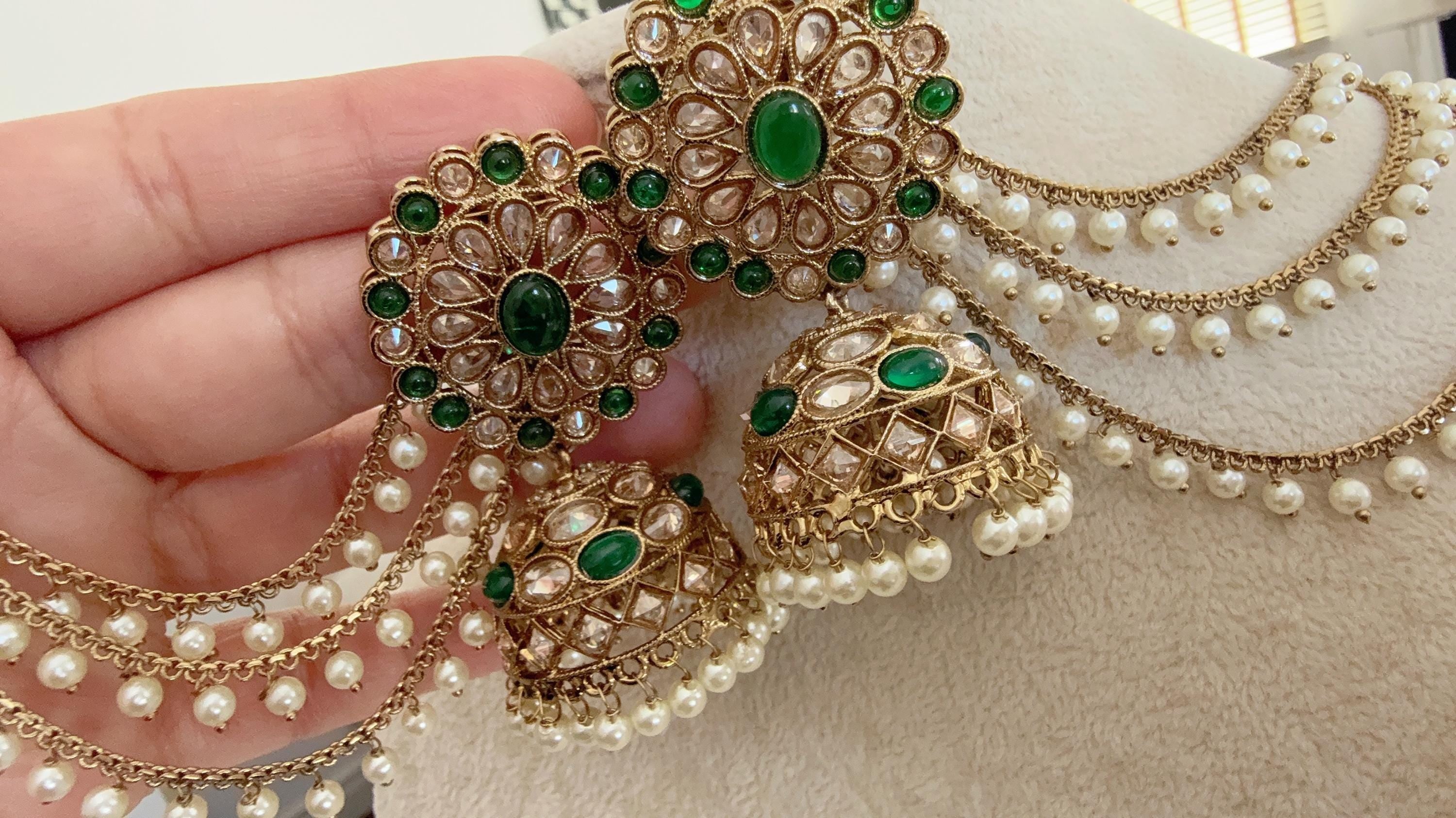 Antique polki Kundan bahubali Green Earrings Set With detachable Earchain Sahare / Green Jhumka Polki Earrings / Indian Jewelry