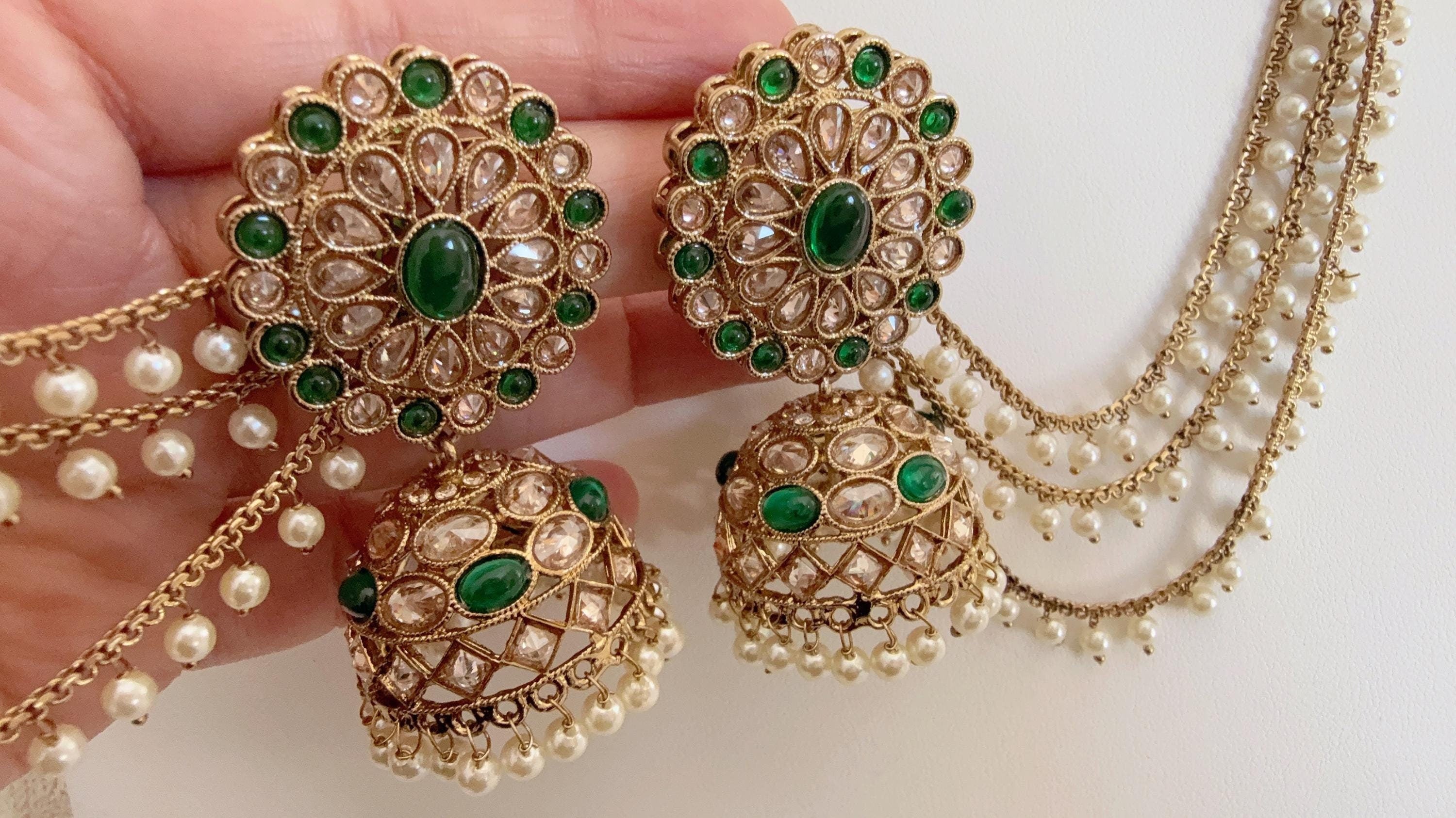 Antique polki Kundan bahubali Green Earrings Set With detachable Earchain Sahare / Green Jhumka Polki Earrings / Indian Jewelry