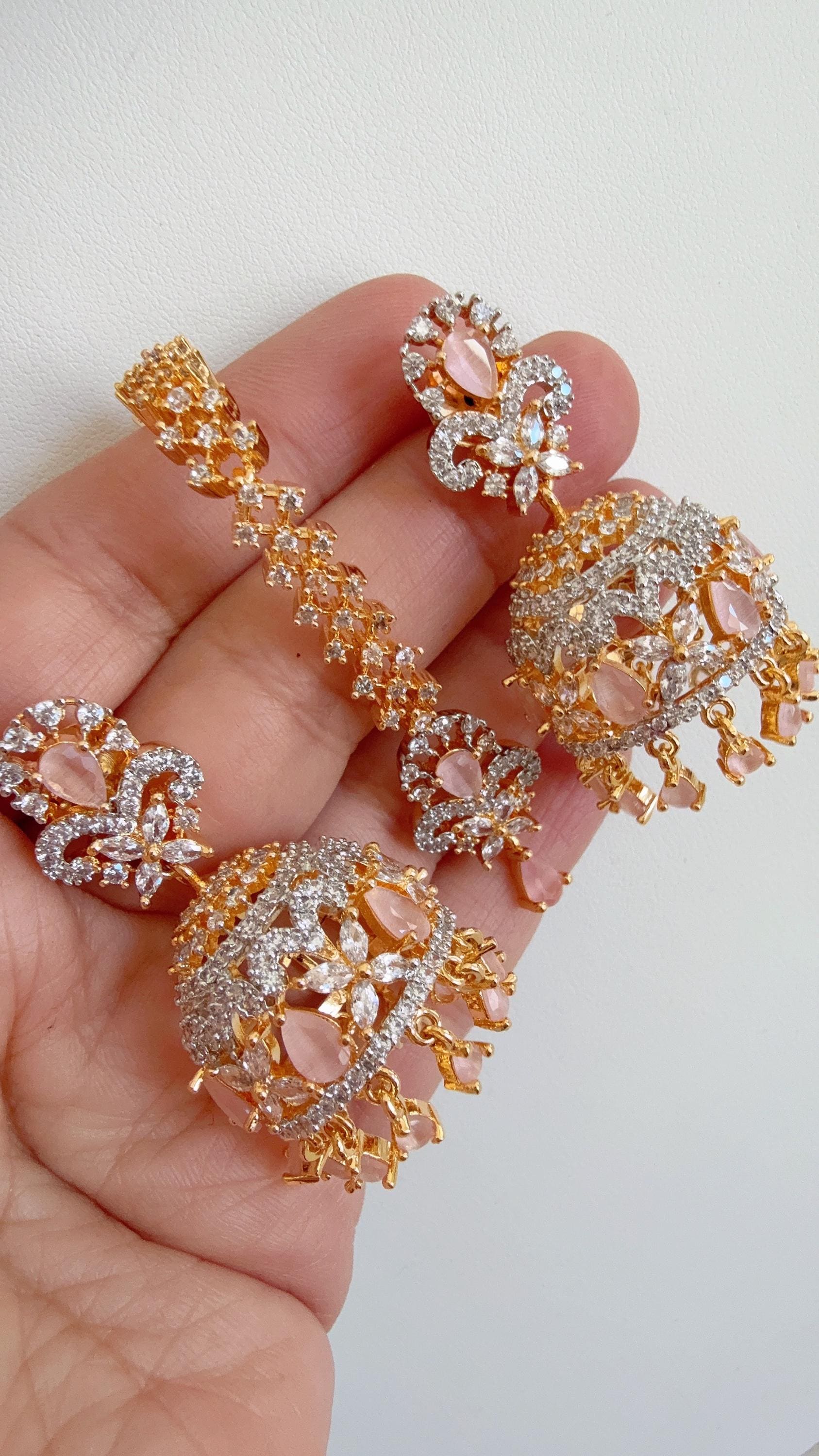 2 Tone Gold Baby Pink diamond CZ earrings and Mang tika set/ Diamond Ruby Maang tikka earring set / Baby Pink Indian jewelry/