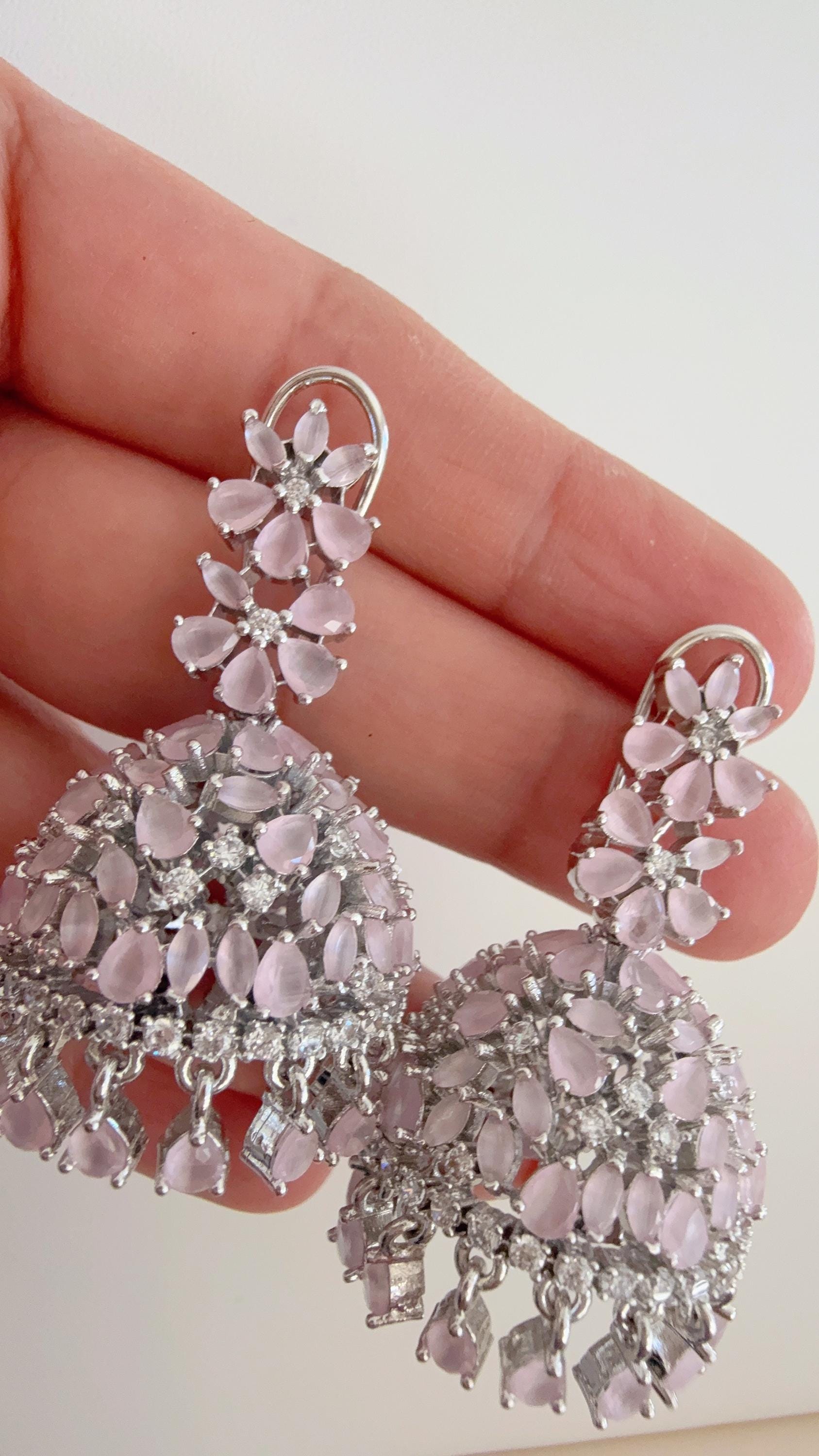 Baby Pink Silver Luminous diamond jhumka Earrings next to real / Indian Jewelry Indian Earrings/ silver Diamond baby pink Earrings
