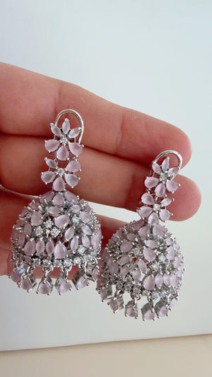 Baby Pink Silver Luminous diamond jhumka Earrings next to real / Indian Jewelry Indian Earrings/ silver Diamond baby pink Earrings