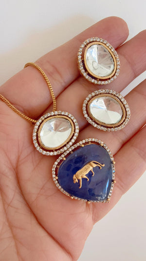 Sabyasachi Inspired Pendant Set with Jaguar on Natural Stone/Kundan Moissanite Necklace studs set / Indian Jewelry/Moissanite Pendant Set