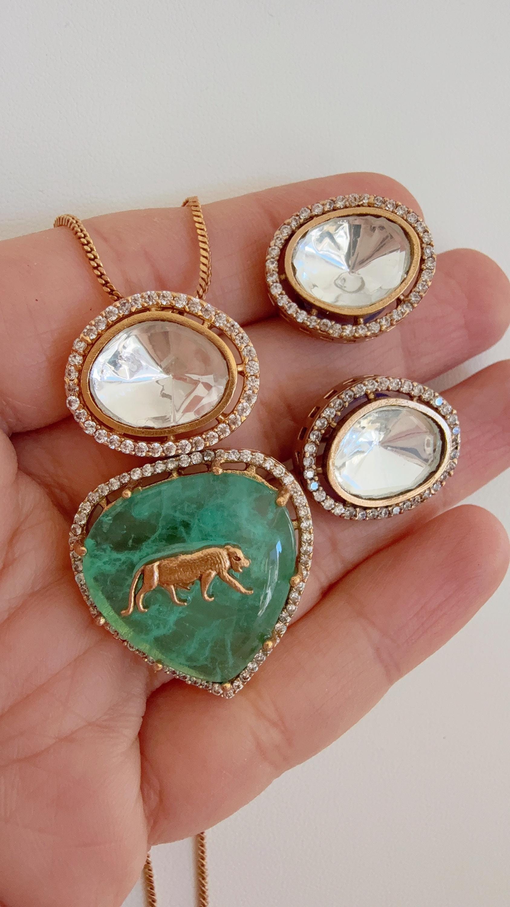 Sabyasachi Inspired Pendant Set with Jaguar on Natural Stone/Kundan Moissanite Necklace studs set / Indian Jewelry/Moissanite Pendant Set