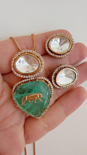 Sabyasachi Inspired Pendant Set with Jaguar on Natural Stone/Kundan Moissanite Necklace studs set / Indian Jewelry/Moissanite Pendant Set