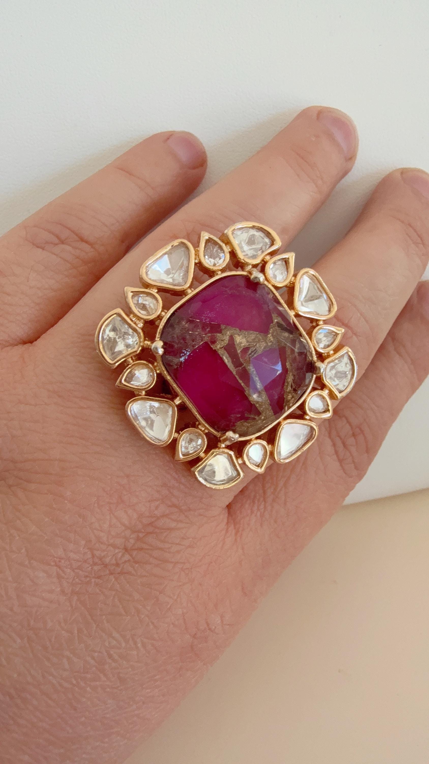 Bridal Kundan Moissanite diamond Ring/ Adjustable Finger Kundan green Statement Ring /Indian Wedding jewelry/Moissanite Kundan ring