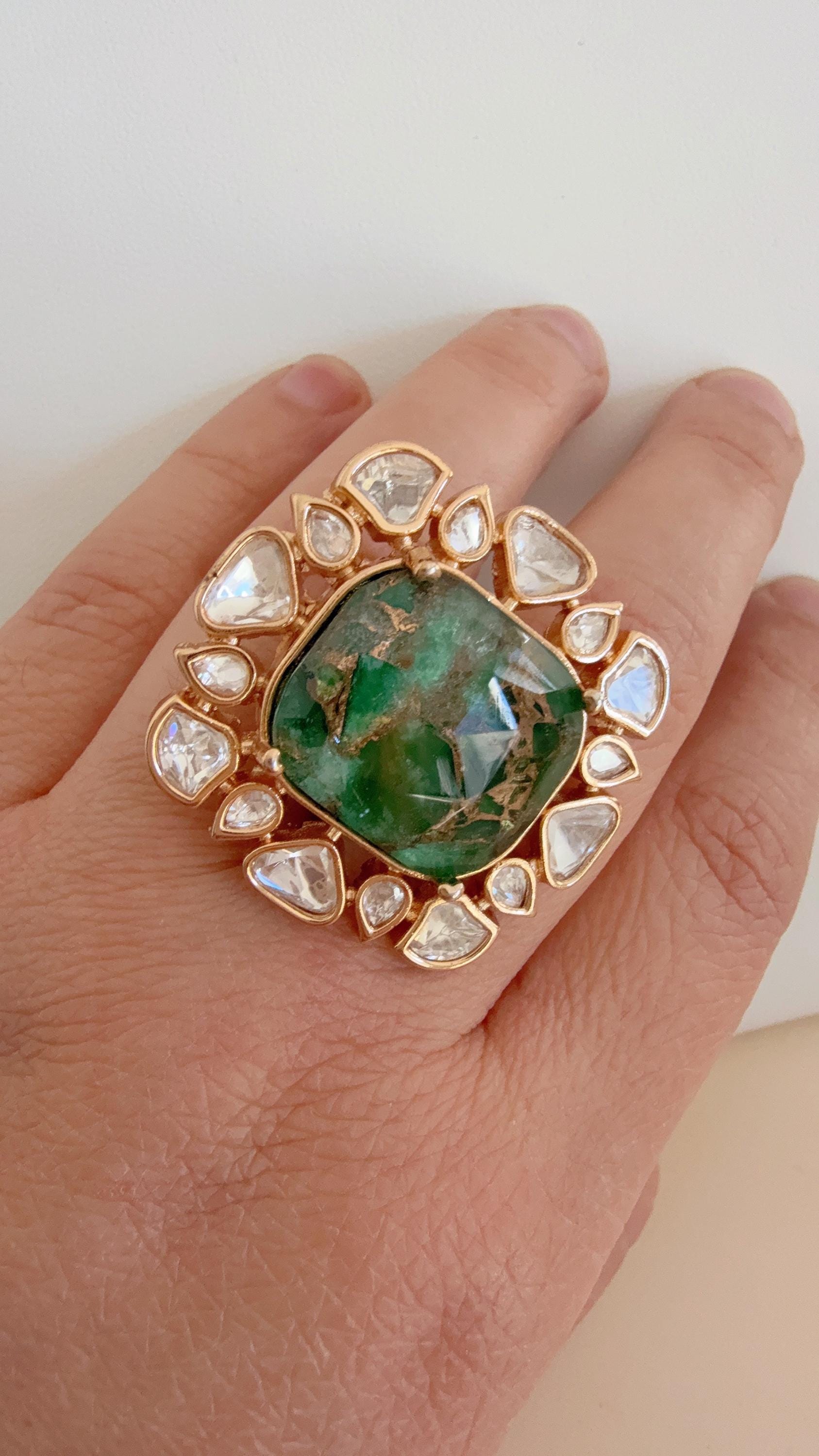 Bridal Kundan Moissanite diamond Ring/ Adjustable Finger Kundan green Statement Ring /Indian Wedding jewelry/Moissanite Kundan ring