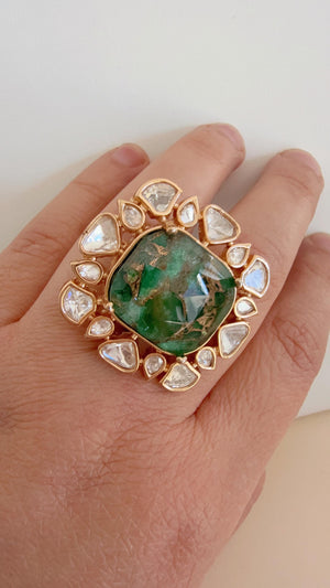 Bridal Kundan Moissanite diamond Ring/ Adjustable Finger Kundan green Statement Ring /Indian Wedding jewelry/Moissanite Kundan ring