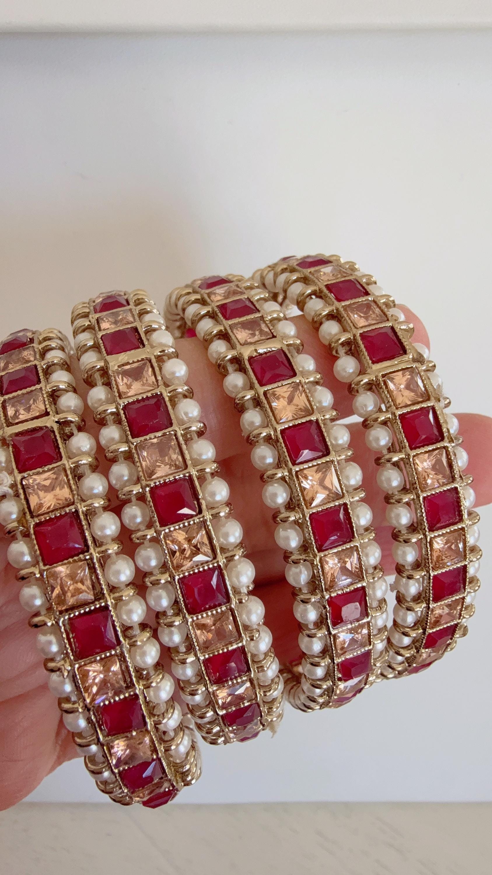Ruby Kundan Bangles/Polki Kundan Pearl Bangles Set(4 Pc) /Indian Jewelry/ Kundan Bangles/Ruby kundan bangles/Indian Bangles