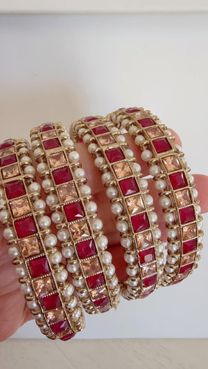 Ruby Kundan Bangles/Polki Kundan Pearl Bangles Set(4 Pc) /Indian Jewelry/ Kundan Bangles/Ruby kundan bangles/Indian Bangles