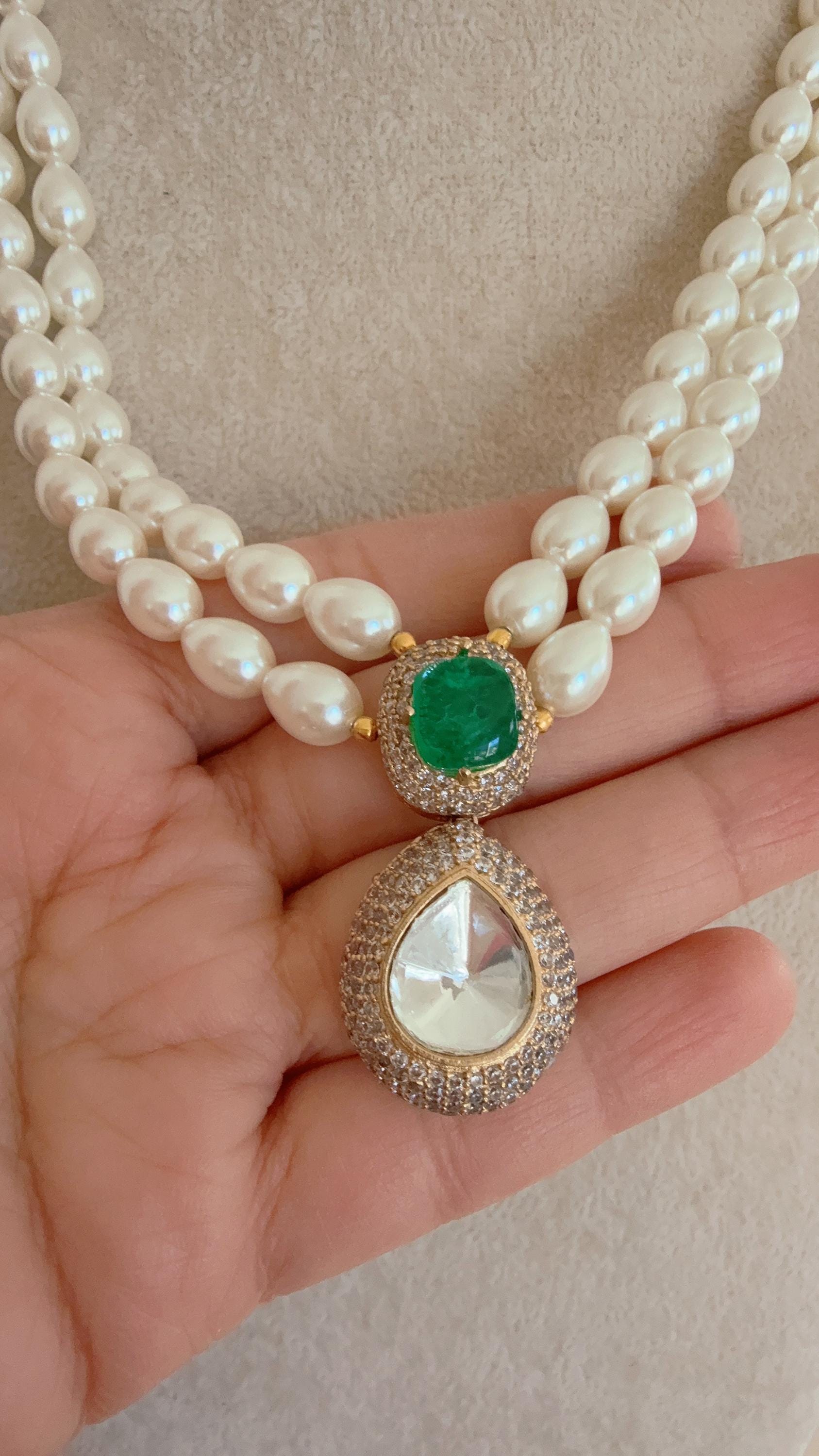 Gold Finish Emerald Stone & Pearl Long Necklace Set/Moissanite Kundan Mala green Necklace Set/Sabyasachi Inspired Moissanite necklace set