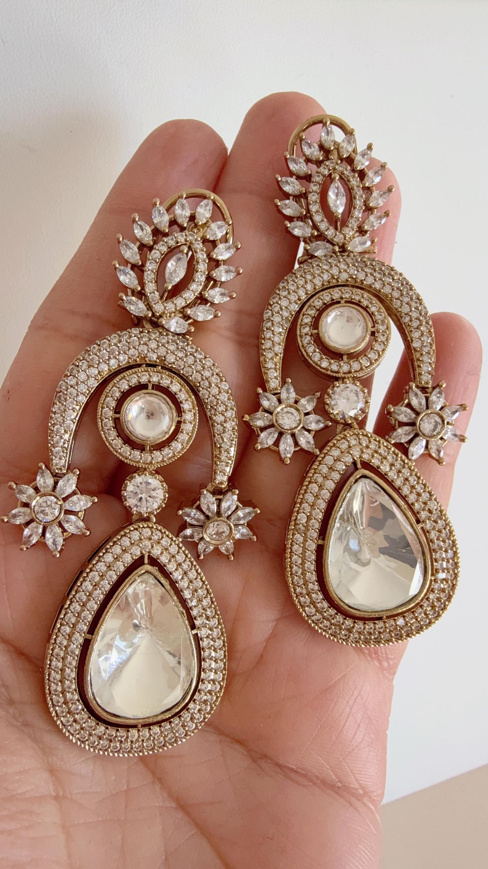 Sabyasachi-Inspired Moissanite kundan Earrings/Elegant Statement Jewelry/Gold Finish Moissanite Polki Earrings/Bridal Diamond earrings