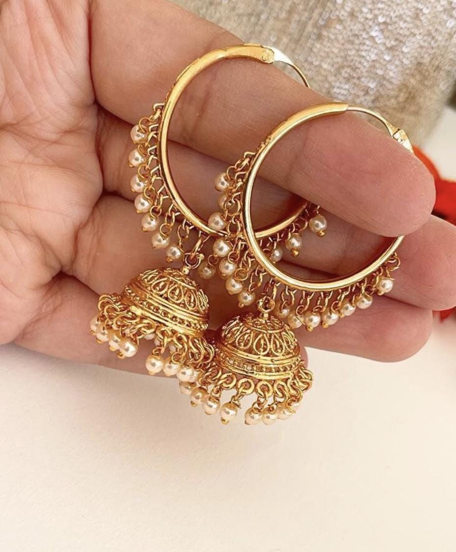 Gold plated bali hoops Earrings/ Punjabi Bali Hoops /Indian Earrings/ Indian Wedding Sangeet Jewelry / Kundan Jhumka //Bridesmaid Jewelry