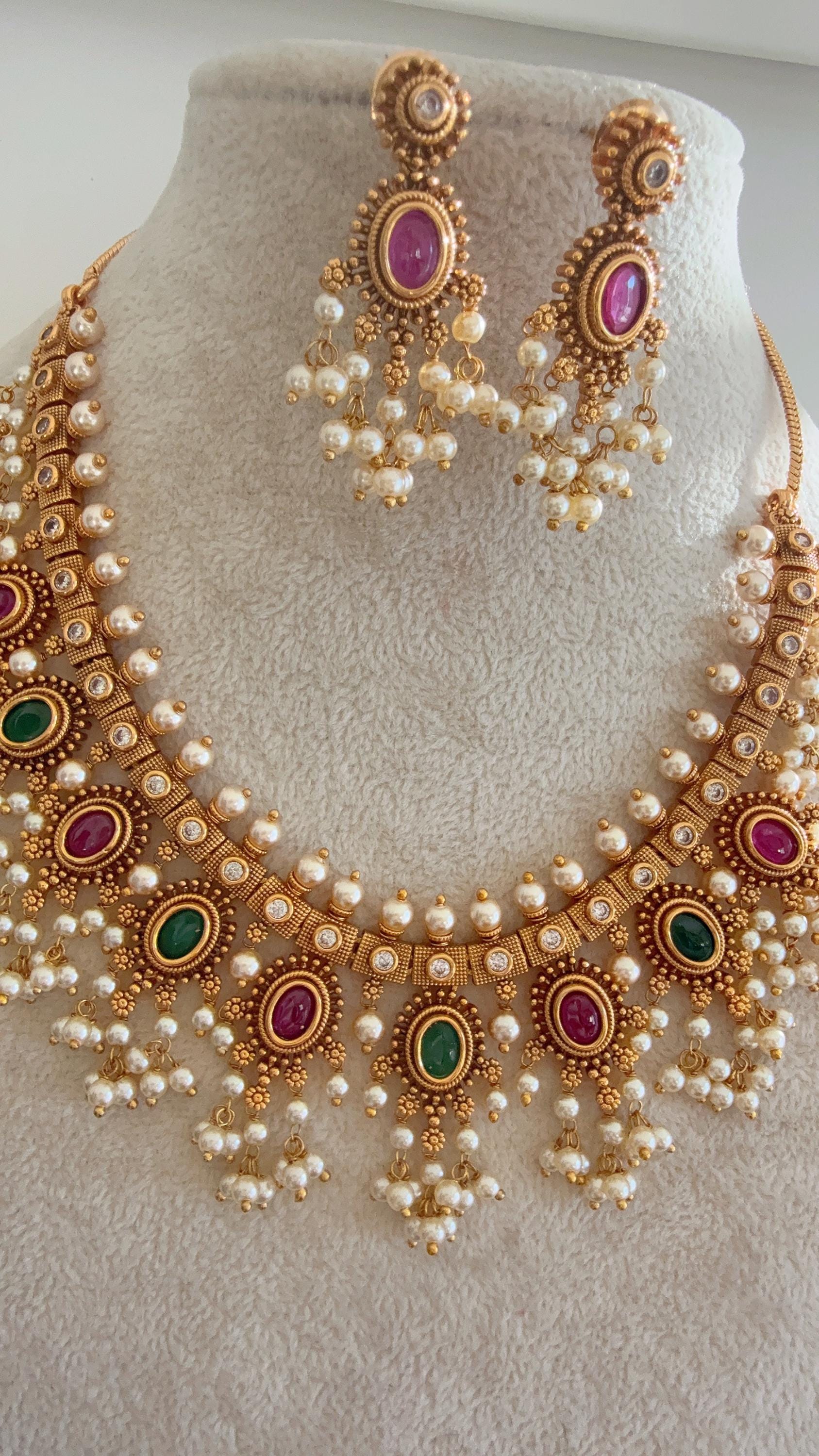 Gold plated Ruby Green Necklace /South Indian jewelry/Indian Wedding jewelry/Gold Finish Ruby Green stone necklace/Bridal Necklace