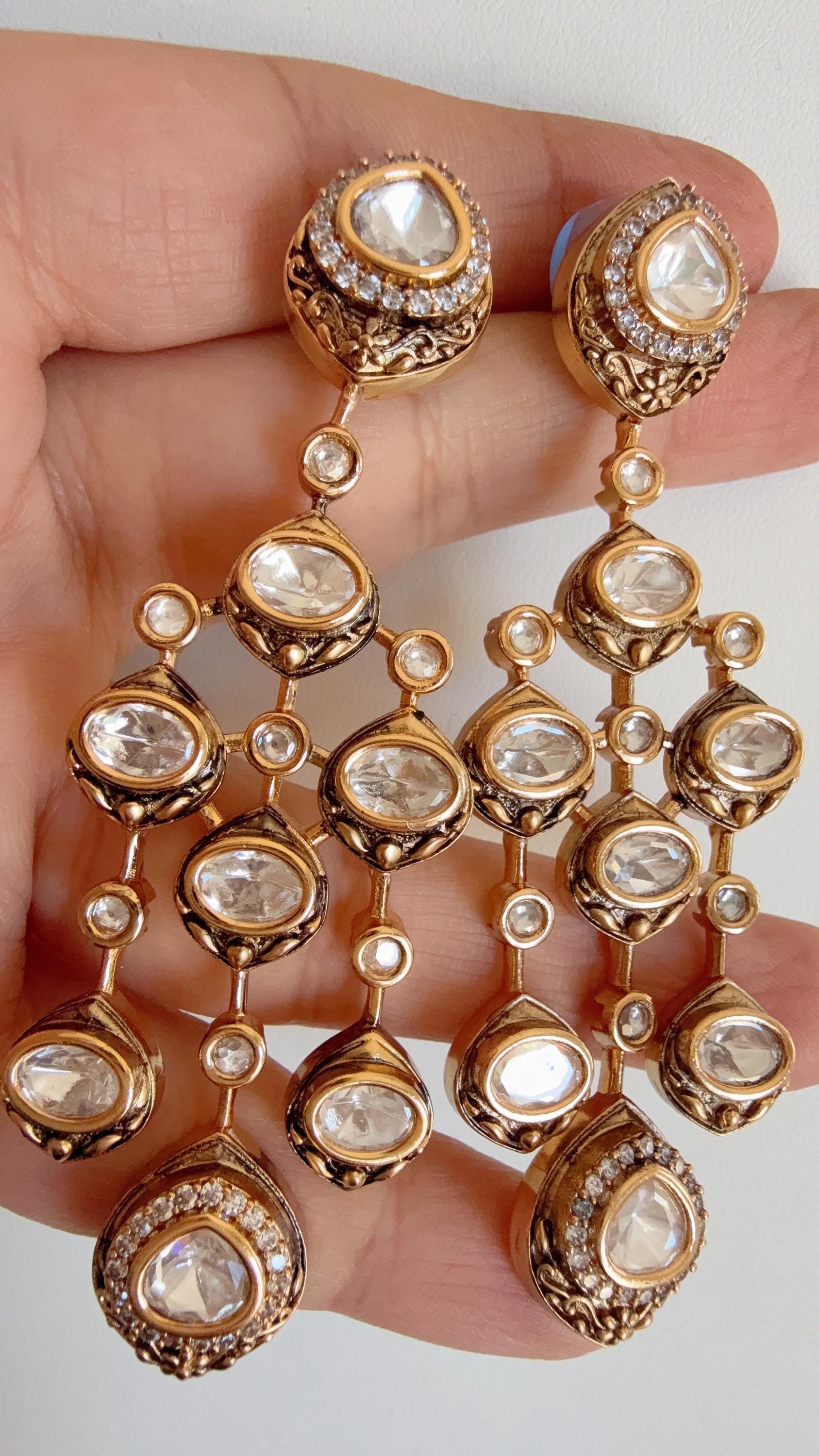 Restocked Sabyasachi-Inspired Moissanite kundan Earrings/Elegant Statement Jewelry/Antique Moissanite Polki Earrings/Bridal Diamond earrings
