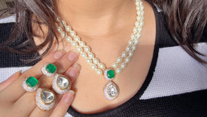 Gold Finish Emerald Stone & Pearl Long Necklace Set/Moissanite Kundan Mala green Necklace Set/Sabyasachi Inspired Moissanite necklace set