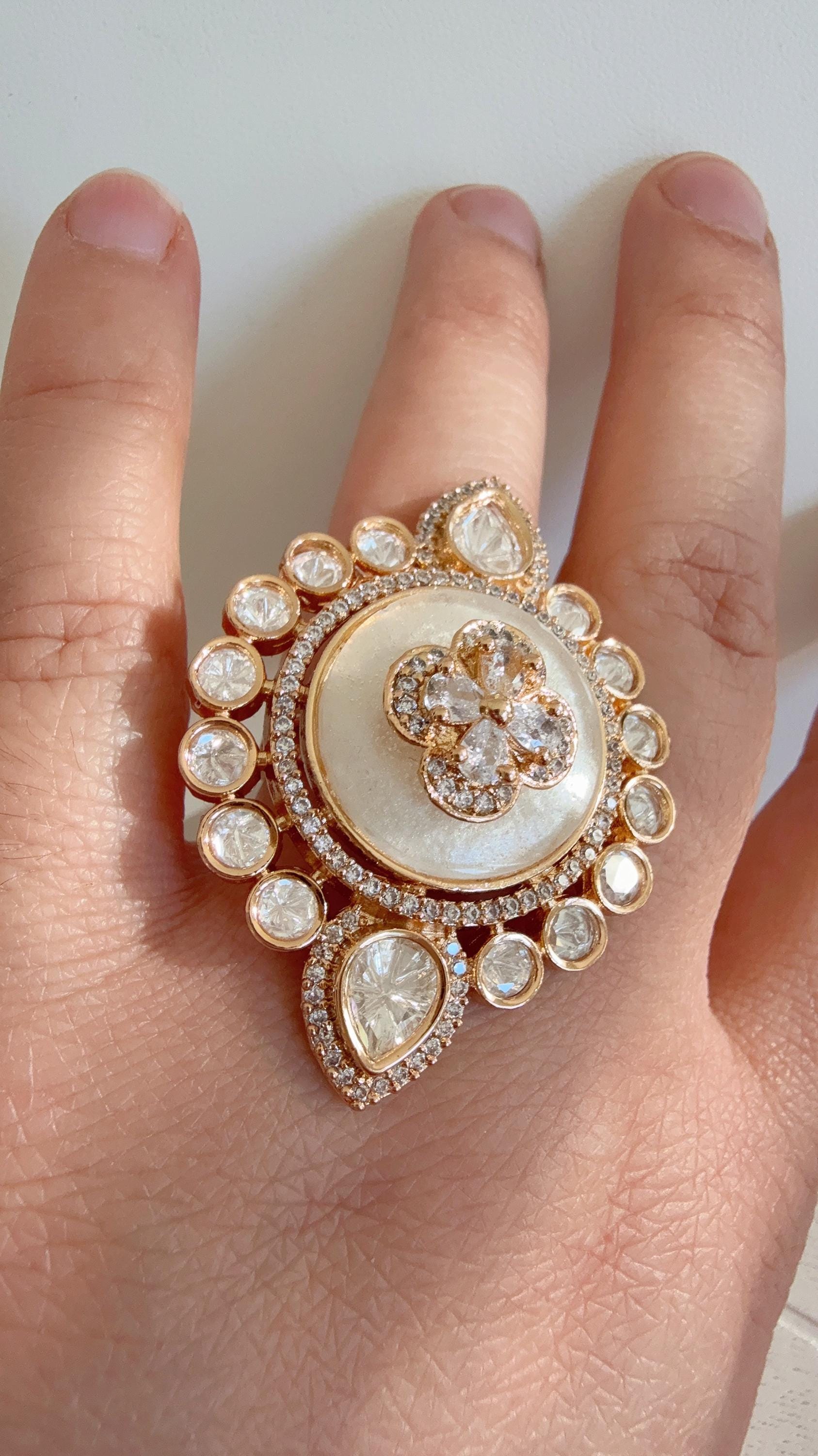 Bridal Kundan Moissanite Gold diamond Ring/Moissanite Mother of Pearl Gold Ring/ Kundan Statement Gold Ring /Indian Wedding jewelry/