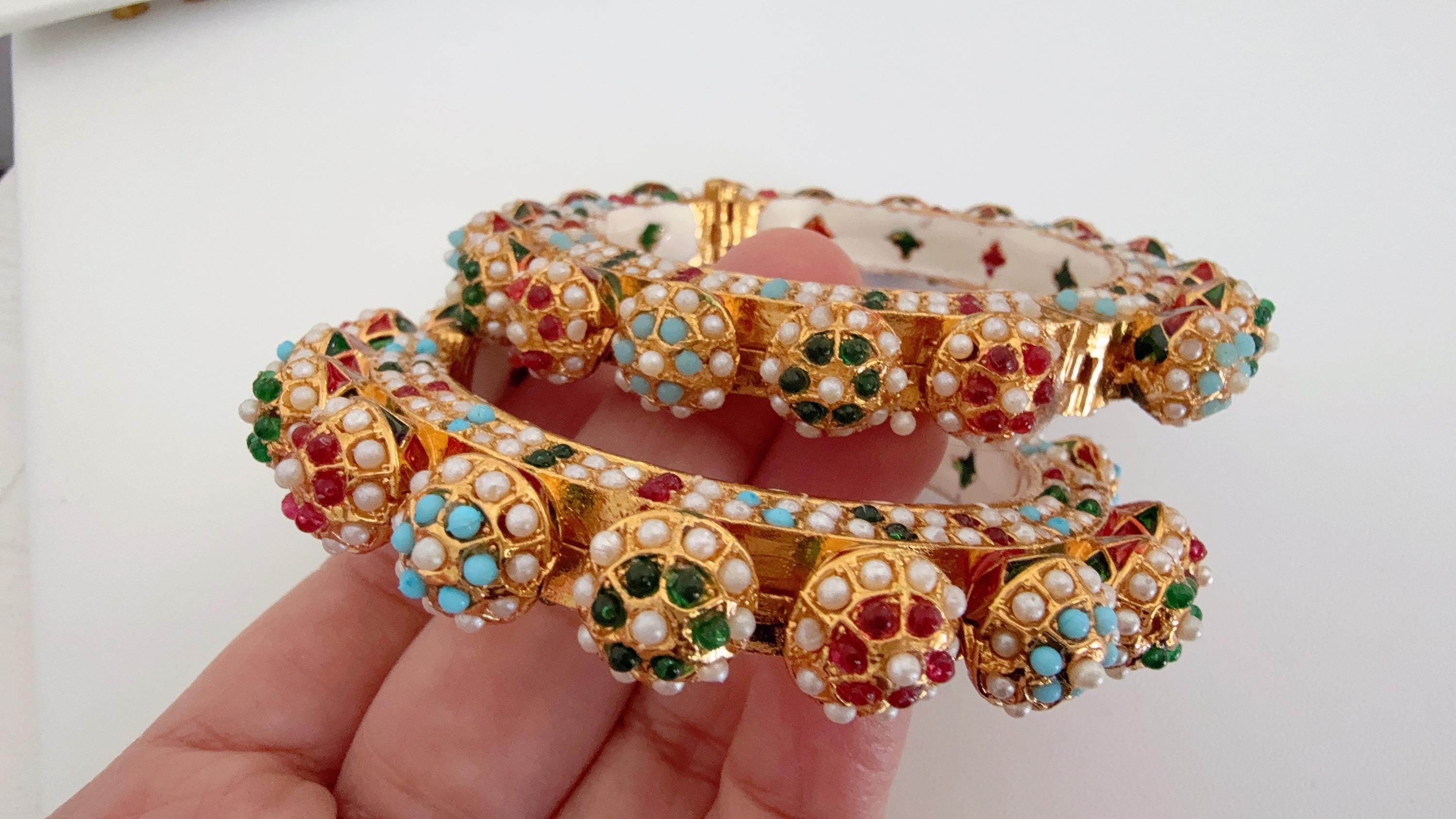 Multi pearls Rajwadi Kada / Gold Pearl Kada/ Emerald Rajwadi Kada /Indian Wedding jewelry/ Kundan bridal bangles/Rajwadi Jadau Kada