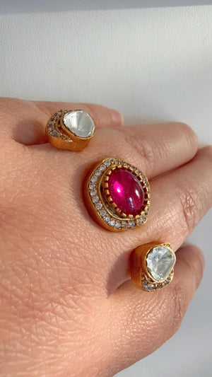 Ruby Kundan Moissanite diamond Ring/Adjustable Ring/Double Finger Kundan Ring /Indian Wedding jewelry/Two Finger Kundan ring