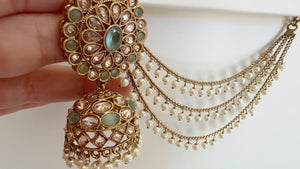 Antique polki Kundan bahubali Mint Earrings Set With detachable Earchain Sahare /Mint Jhumka Polki Earrings / Indian Jewelry