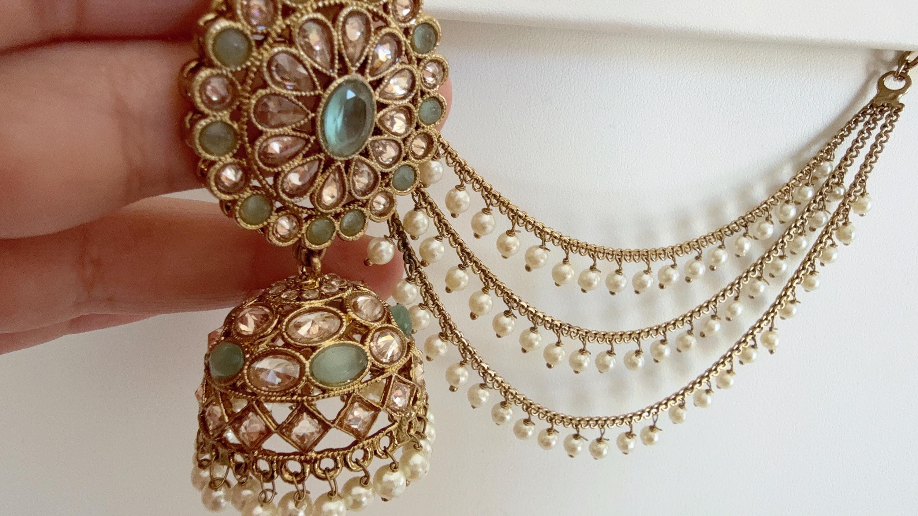 Antique polki Kundan bahubali Mint Earrings Set With detachable Earchain Sahare /Mint Jhumka Polki Earrings / Indian Jewelry