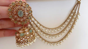 Antique polki Kundan bahubali Mint Earrings Set With detachable Earchain Sahare /Mint Jhumka Polki Earrings / Indian Jewelry