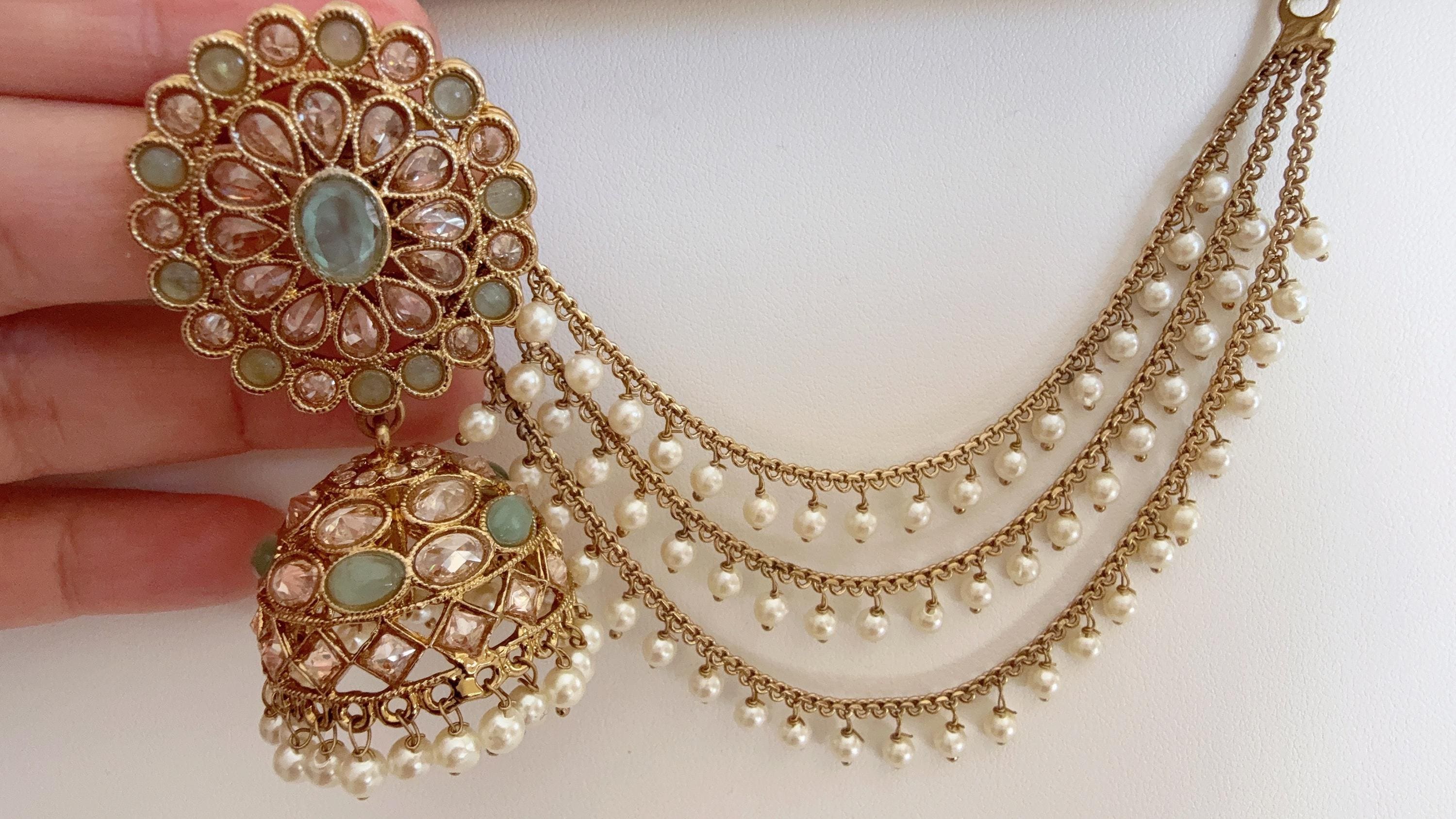 Antique polki Kundan bahubali Mint Earrings Set With detachable Earchain Sahare /Mint Jhumka Polki Earrings / Indian Jewelry