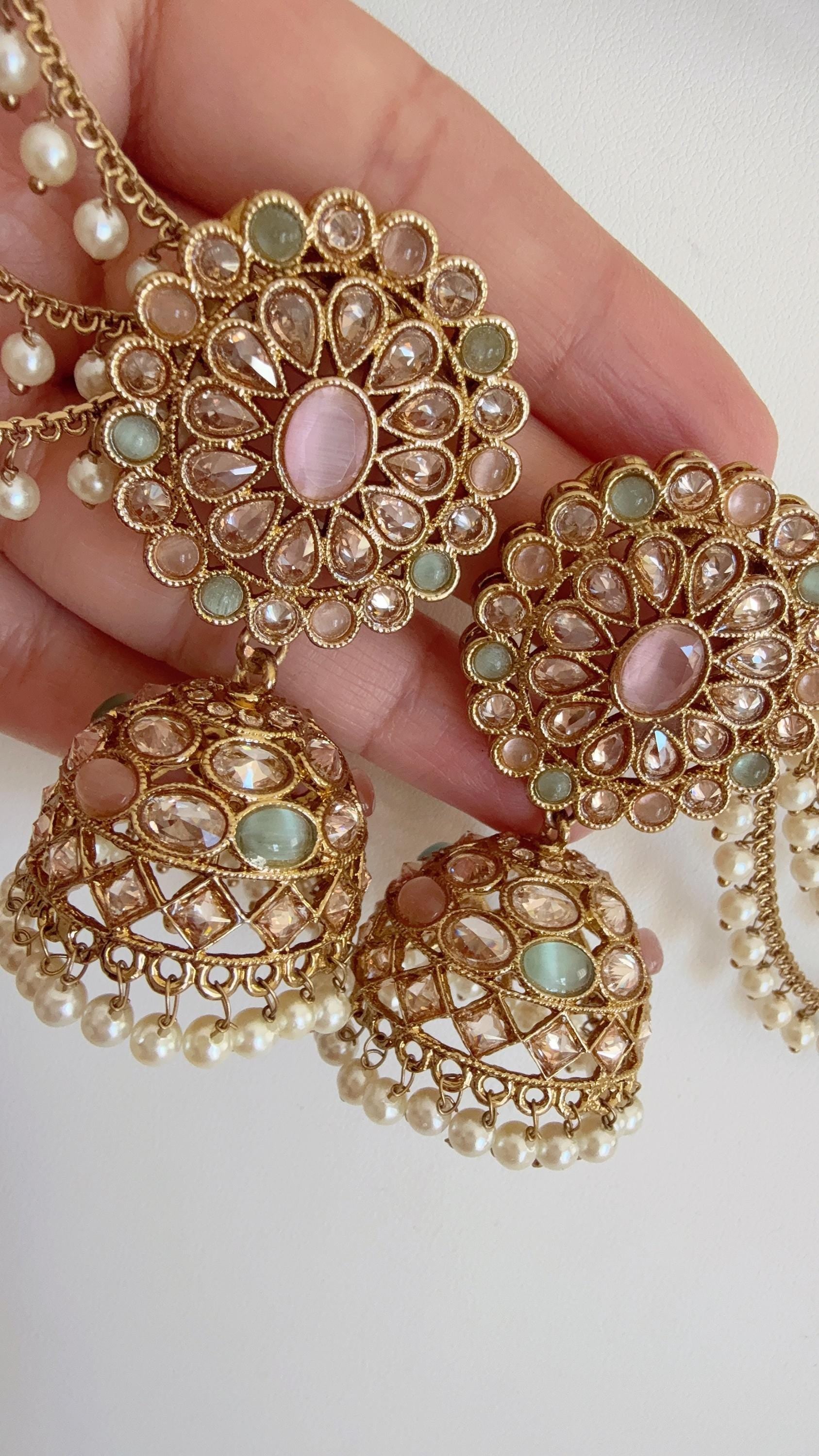 Antique polki Kundan bahubali Mint pink Earrings Set With detachable Earchain Sahare /Mint Pink Jhumka Polki Earrings / Indian Jewelry