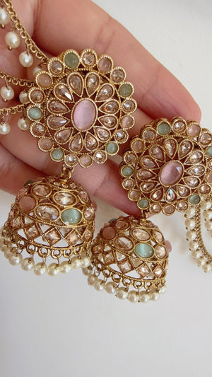 Antique polki Kundan bahubali Mint pink Earrings Set With detachable Earchain Sahare /Mint Pink Jhumka Polki Earrings / Indian Jewelry