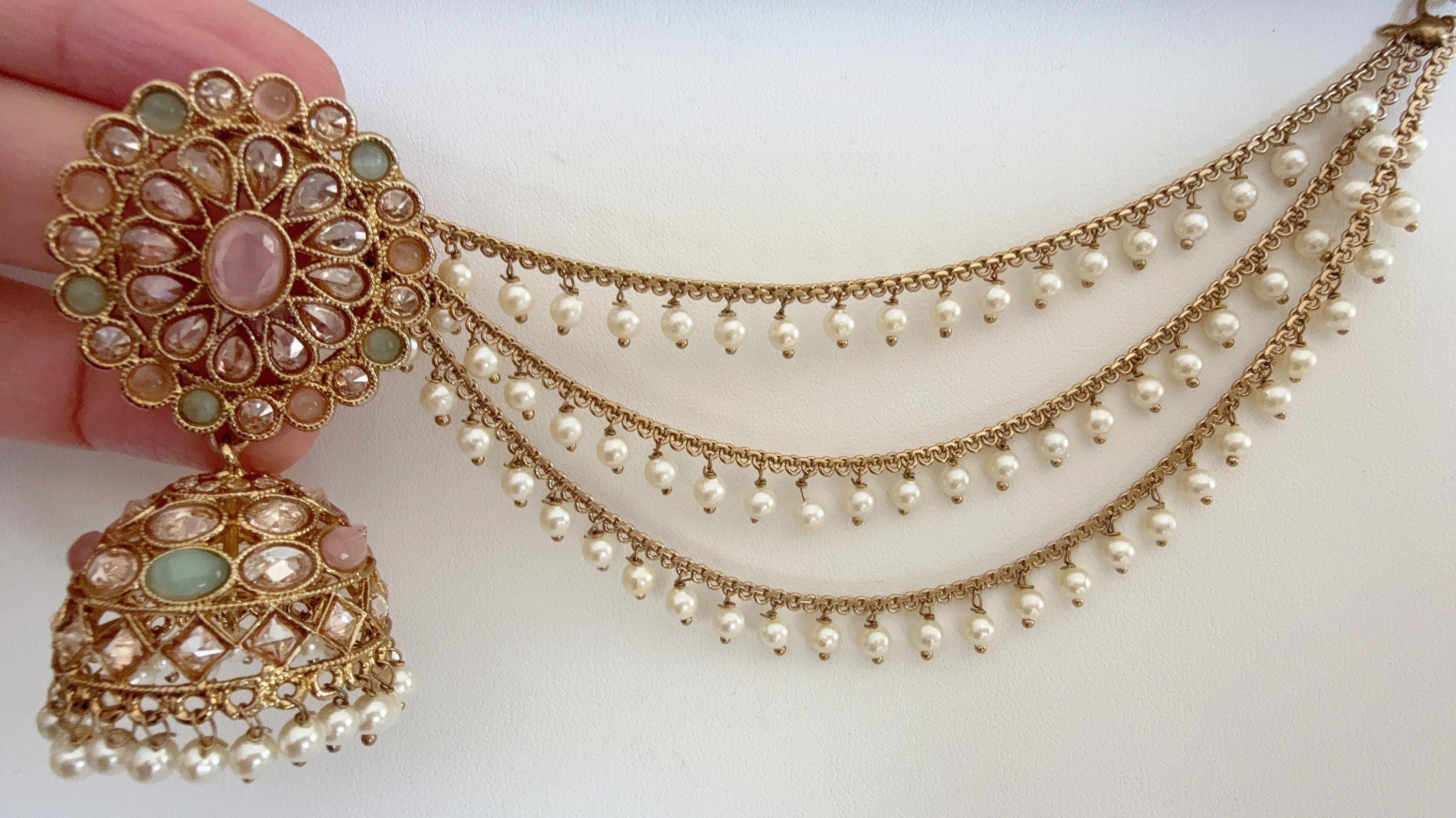 Antique polki Kundan bahubali Mint pink Earrings Set With detachable Earchain Sahare /Mint Pink Jhumka Polki Earrings / Indian Jewelry
