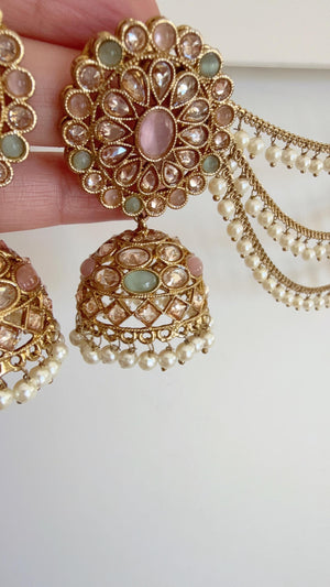 Antique polki Kundan bahubali Mint pink Earrings Set With detachable Earchain Sahare /Mint Pink Jhumka Polki Earrings / Indian Jewelry