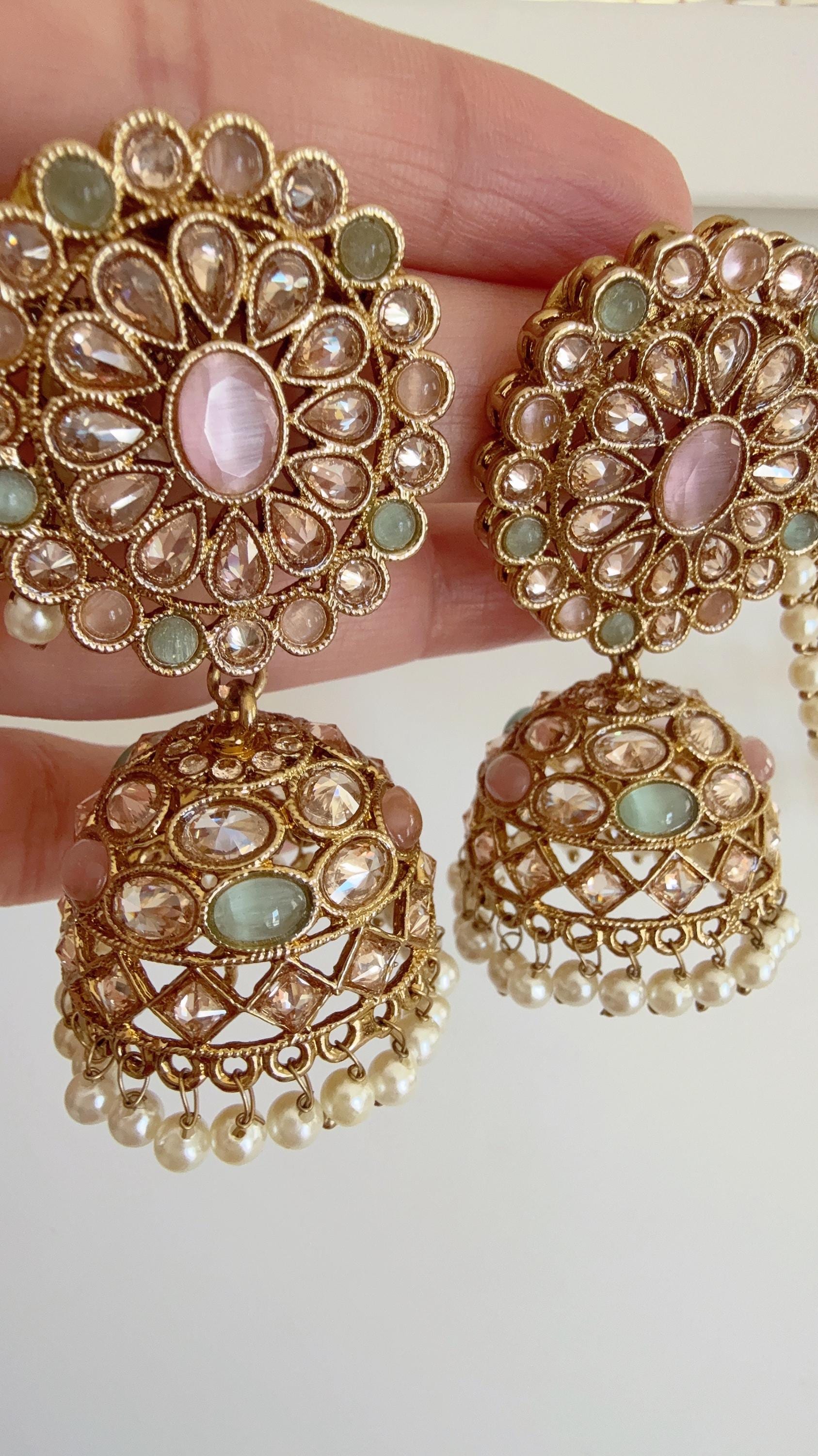 Antique polki Kundan bahubali Mint pink Earrings Set With detachable Earchain Sahare /Mint Pink Jhumka Polki Earrings / Indian Jewelry