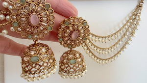 Antique polki Kundan bahubali Mint pink Earrings Set With detachable Earchain Sahare /Mint Pink Jhumka Polki Earrings / Indian Jewelry