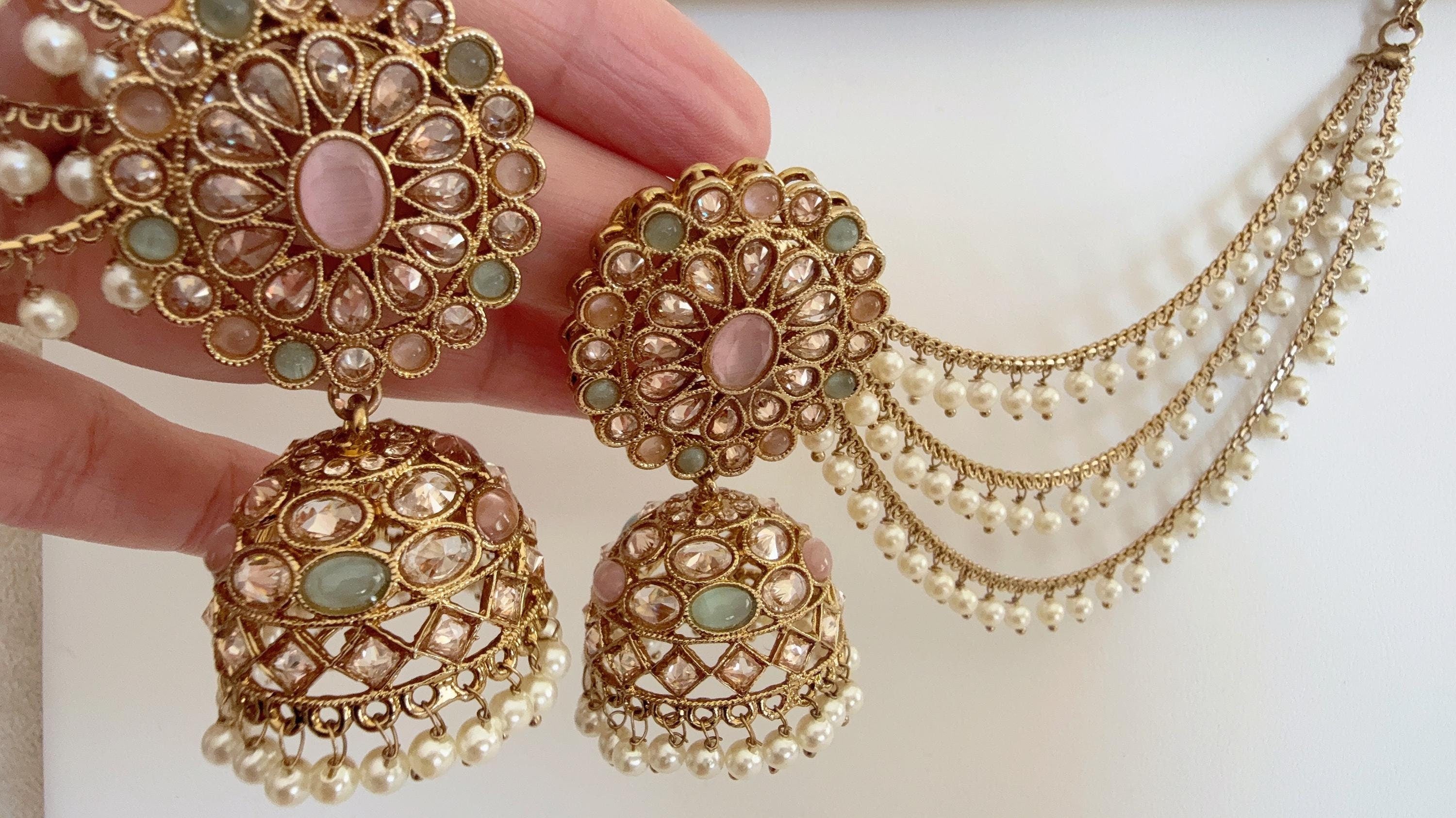 Antique polki Kundan bahubali Mint pink Earrings Set With detachable Earchain Sahare /Mint Pink Jhumka Polki Earrings / Indian Jewelry