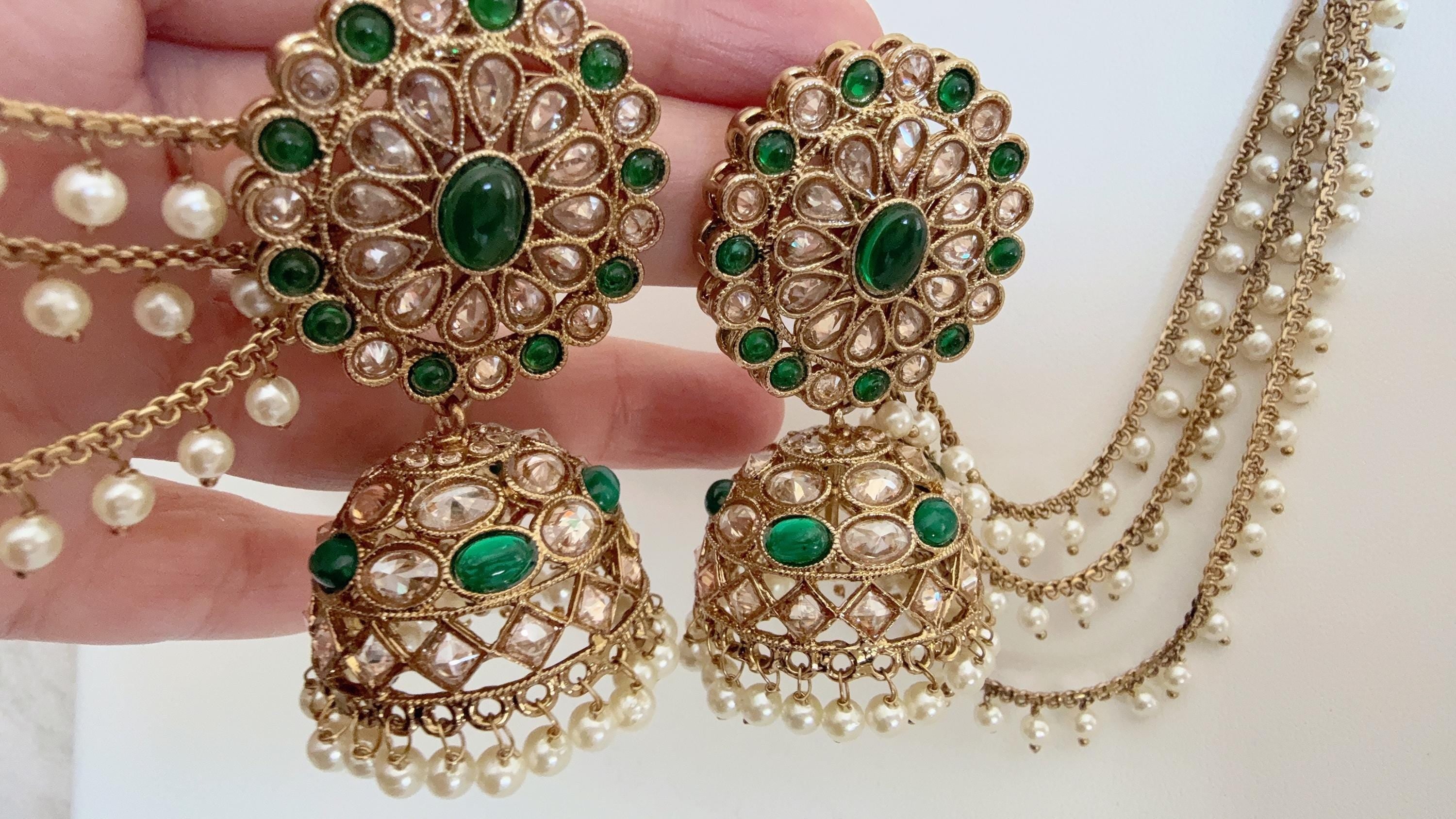 Antique polki Kundan bahubali Green Earrings Set With detachable Earchain Sahare / Green Jhumka Polki Earrings / Indian Jewelry